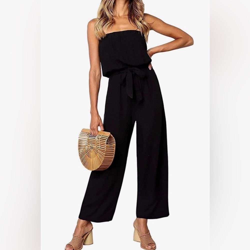 NWT Black Strapless Off Shoulder Belted Wide Leg Flowy Jumpsuit Romper M